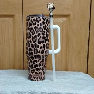 Asisdream Leopard Print Insulated Tumbler with Handle - Black/Brown